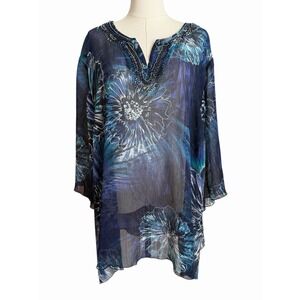 Maggie Barnes 4X Top Womens Blue Blouse Sheer Beaded Artsy Travel Chic Plus Size